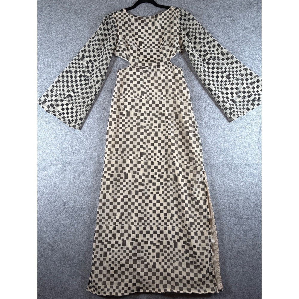 Nasty Gal Collection Black Cream Checkered Cut Out Bell Sleeve Maxi Dress US 4